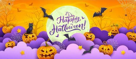 Halloween paper cut banner with pumpkins, bats vector