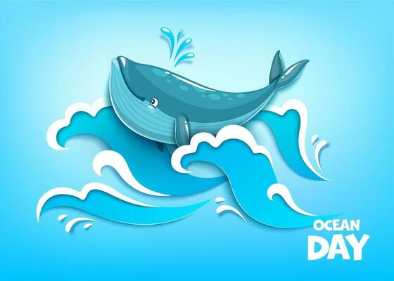 World oceans day. Whale and paper cut sea waves