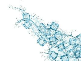 Blue water wave cascade splash and ice cubes vector