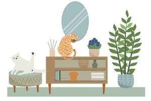 vivo habitación interior en un moderno estilo con linda gatos vector plano ilustración.