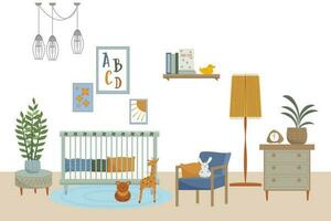 Vector interior of nursery. Flat illustration, furnitures in scandinavian style.