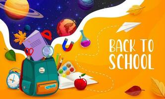 Back to school poster, schoolbag, books and space vector