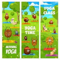 niños yoga y aptitud clase, dibujos animados nueces en yoga vector