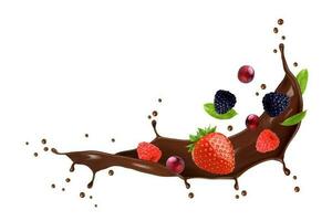 Realistic chocolate milk flow splash with berries vector