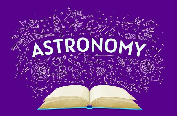 Astronomy textbook on school chalkboard background