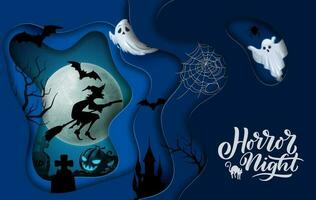 Halloween paper cut flying witch, ghost and castle vector