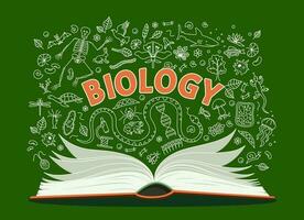 Biology textbook, school book and anatomy symbols vector