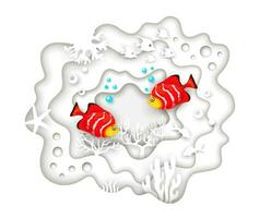 Tropical fish and white sea paper cut landscape vector