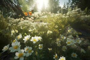 abstract nature spring Background. spring flower and butterfly, generate ai photo