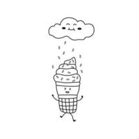 Hand drawn illustration vector graphic Kids drawing style funny cute ice cream playing in the sprinkles rain in a cartoon style
