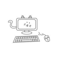 Hand drawn Illustration vector graphic Kids drawing style funny cute computer cat with keyboard and mouse in a cartoon style