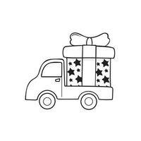 Hand drawn vector illustration pickup truck's carrying big gift box