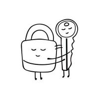 Hand drawn vector illustration cute lock and key