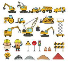 completar conjunto ilustración vector de construcción máquinas niños estilo o dibujos animados estilo. increíble pesado maquinaria vehículos especialmente diseñado a ejecutar construcción tareas. bueno para niños libros