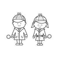 Hand drawn Kids drawing Cartoon Vector illustration Detective, man and woman with magnifier icon Isolated on White Background