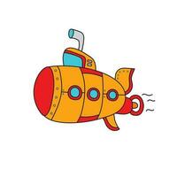 Kids drawing Cartoon Yellow Submarine with periscope,underwater ship Isolated on White Background vector