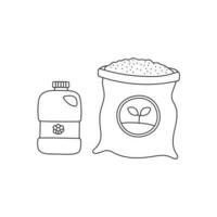 Hand drawn Kids drawing Cartoon Vector illustration cute Packing with soil for potted plants potting soil various fertilizers in bottles icon Isolated on White Background