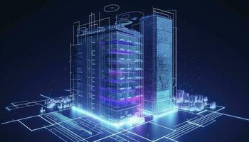 Development architecture computer systems of a smart building. Design modern building construction with ai controls. Project smart house construction with artificial intelligence, generate ai photo