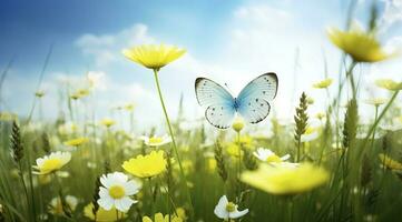 abstract nature spring Background. spring flower and butterfly, generate ai photo