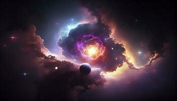 A view from space to a galaxy and stars. Universe filled with stars, nebula and galaxy, Panoramic shot, wide format. Elements of this image furnished by NASA. photo