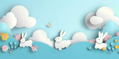 Horizontal banner with paper cut clouds, rabbit, eggs, and hearts, blue sky background, paper cut craft art. A place for text. Happy Easter Day sale concept, template with square frame, generate ai photo