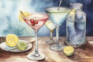 watercolor painting of a cocktail on a white backdrop. photo