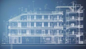 edificio diseño concepto. Ingenieria de el autónomo sistema de un inteligente edificio. redacción de comunicaciones de casa. proyecto desarrollo de Departamento casa. arquitectónico dibujo, generar ai foto