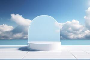 Product display podium with blue sky, photo