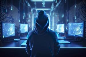 Back of anonymous robot hacker. Concept of hacking cybersecurity, cybercrime, cyberattack, etc. photo