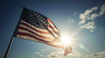 Backlit us national flag flying and waving in the wind over gray stormy cloudy sky, symbol of american patriotism, low angle, generate ai photo