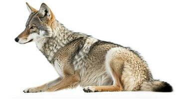 A lone coyote Canis latrans isolated on white background w in the winter snow in Canada, generate ai photo