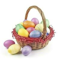 Easter basket filled with colorful eggs isolated on white background, generate ai photo