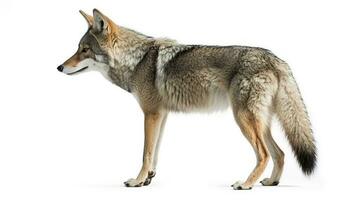 A lone coyote Canis latrans isolated on white background w in the winter snow in Canada, generate ai photo