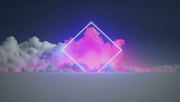 3d render, abstract minimal background with pink blue yellow neon light square frame with copy space, illuminated stormy clouds, glowing geometric shape, generate ai photo