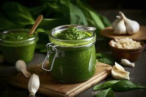 Green pesto sauce made of wild garlic, generate ai photo