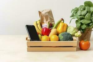 smartphone with food delivery application over table with fresh groceries isolated on white background, generate ai photo