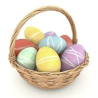 Colorful easter eggs in basket isolated on white background, generate ai photo