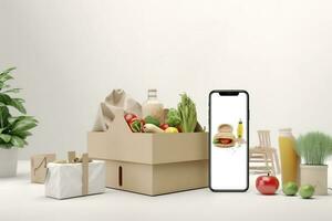 smartphone with food delivery application over table with fresh groceries isolated on white background, generate ai photo