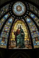 Jesus on the Cross - Stained Glass in Saint Severin Church, generate ai photo