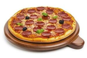 Delicious pizza served on wooden plate isolated on white, generate ai photo