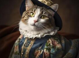 gato vestido en Clásico ropa en victoriano estilo, retrato en el estilo de el Diecinueveavo siglo, gracioso linda gato en humano ropa. ai generado imagen. foto