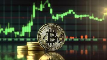 Bitcoin with green graph on computer screen background, Crypto currency trading. photo