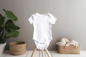 White baby short sleeve bodysuit mockup in minimal interior. Blank gender neutral newborn bodysuit mock up template. image. photo