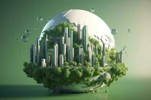 paper art , Green planet Earth of sphere futuristic , Crystal Earth planet green forest city , Generate Ai photo