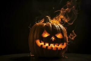 halloween pumpkin on fire, in the style of emphasis on facial expression, intense shadows, creative commons attribution, caras ionut, close up intensity, generate ai photo