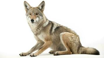 A lone coyote Canis latrans isolated on white background w in the winter snow in Canada, generate ai photo