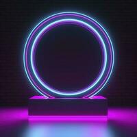 Empty neon lights round frame podium floating in the air with purple neon rings on background and hologram of digital rings on a floor, generate ai photo