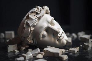 Broken ancient greek statue head falling in pieces. Broken marble sculpture, cracking bust, concept of depression, memory loss, mentality loss or illness. AI Generative photo