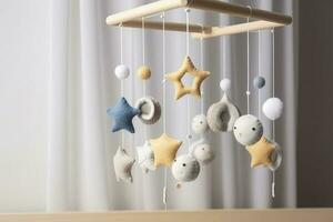 Baby crib mobile with stars, planets and moon. Kids handmade toys above the newborn crib. First baby eco-friendly toys made from felt and wood. Space for text, generate ai photo