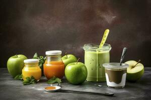 Sauces, apple and green measuring tape on grunge background. Diet concept, generate ai photo